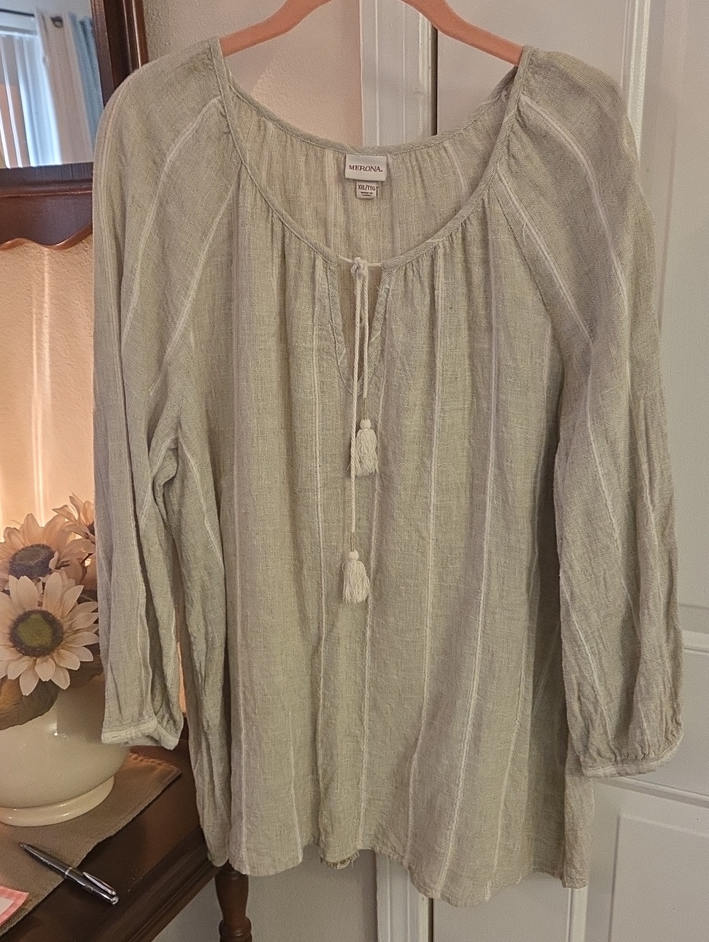 Merona Sage Green Tassel Peasant Tunic Top